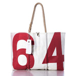 Vintage 64 Large Tote by Sea Bags—a white sailcloth bag featuring bold red numbers 6 and 4, sturdy rope handles, and a signature white SEA BAGS tag. Handmade in Maine for lasting durability and timeless style. by Sea Bags