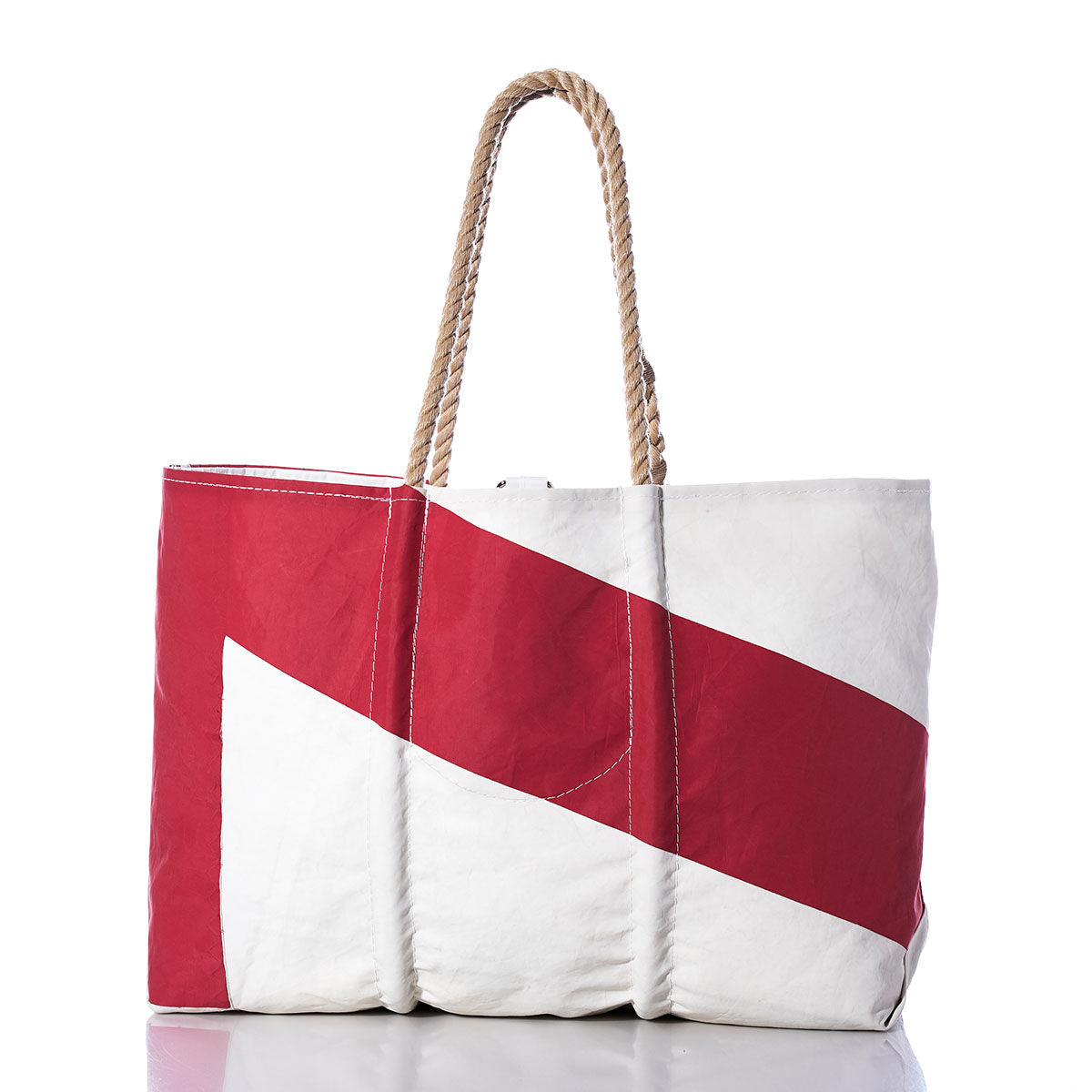 Introducing the Sea Bags Vintage 27 Large Tote—a spacious carryall handmade in Maine from durable white sailcloth, accented with sturdy tan rope handles and a striking red diagonal stripe pattern. by Sea Bags