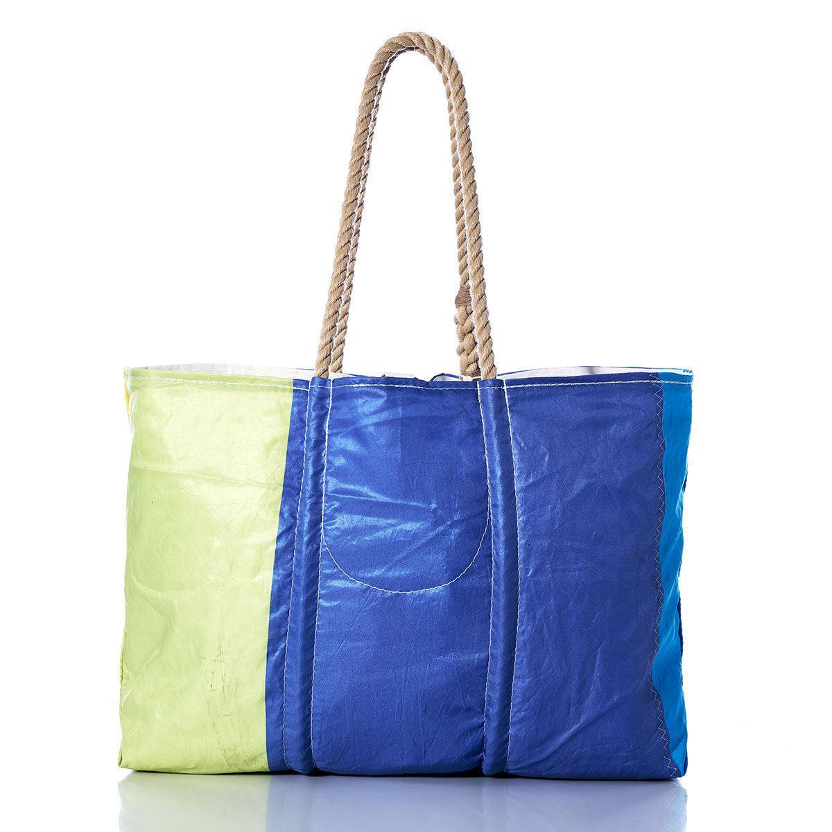 The Sea Bags Vintage Blue and Green Large Tote, one of our signature Maine handcrafted bags, is displayed on a white background. This large tote features hand-spliced rope handles and panels of light green, blue, and teal material. by Sea Bags