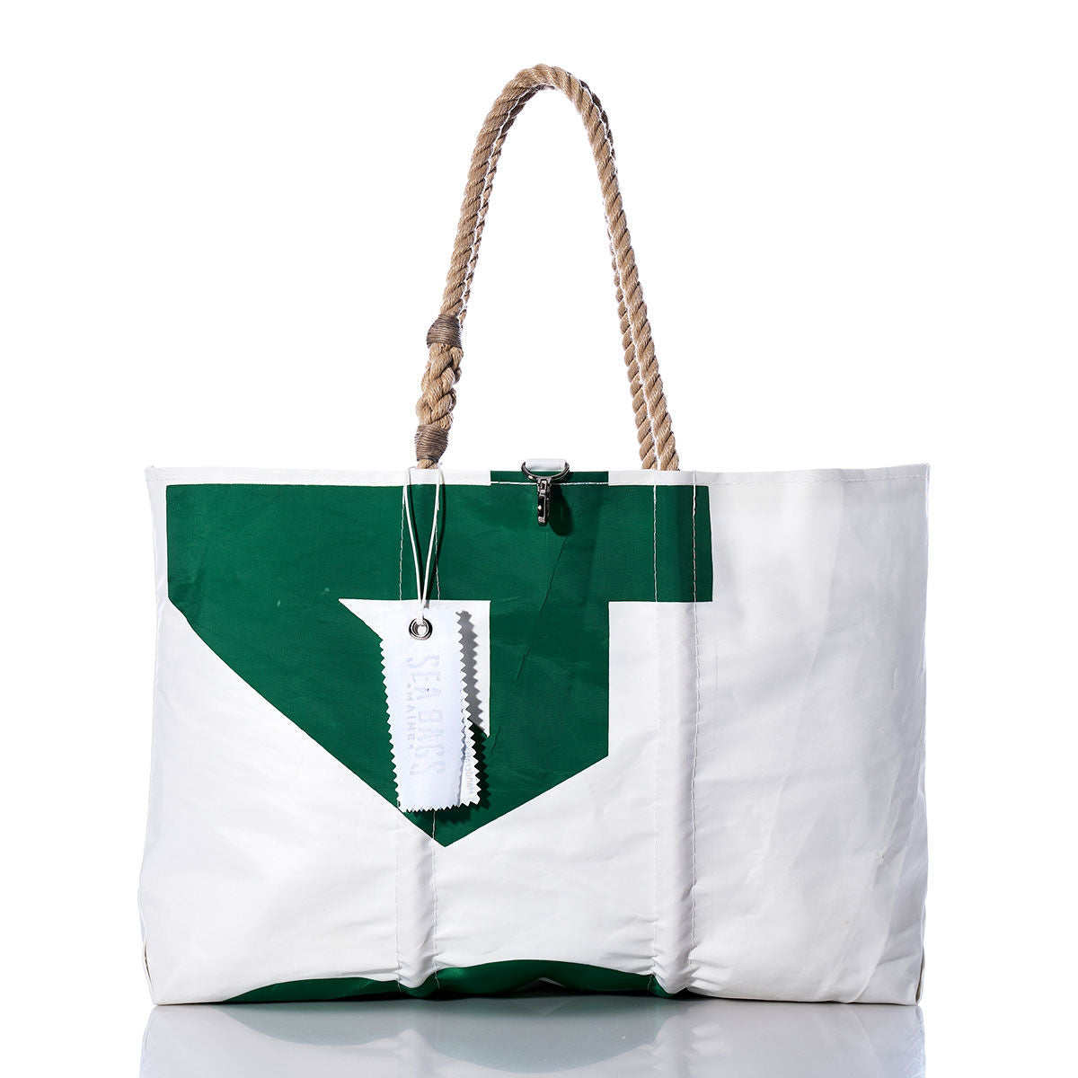 Sea Bags Vintage 984 Large Tote in white and green sailcloth, featuring rope handles and a white tag, displayed on a white background. by Sea Bags