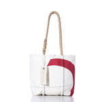 The Vintage Red 2 Handbag by Sea Bags is crafted from recycled white sailcloth and features a bold, curved red graphic inspired by classic sail insignias along the side. It’s finished with sturdy hemp rope handles and a signature Sea Bags tag on the front, offering a modern update to the timeless handbag style. by Sea Bags