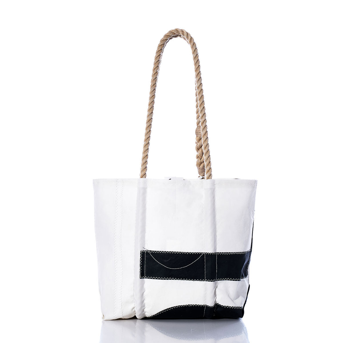 Presenting the Sea Bags Vintage 162 Handbag—a white tote featuring a black stripe accent at the bottom and durable hemp rope handles, photographed against a clean white background. Inspired by sail insignia design, this versatile piece is ideal for those who appreciate classic nautical style. by Sea Bags