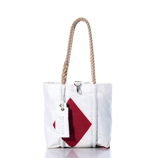 Sea Bags Vintage Red Square Handbag—white tote bag featuring a red geometric design inspired by classic vintage square bags, hemp rope handles, and a white SEABAGS tag, displayed against a white background. by Sea Bags