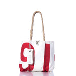The Vintage Red 91 Handbag by Sea Bags, featuring bold red lettering, sturdy hemp rope handles, and a SEABAGS tag attached to one handle, is photographed against a white background. by Sea Bags