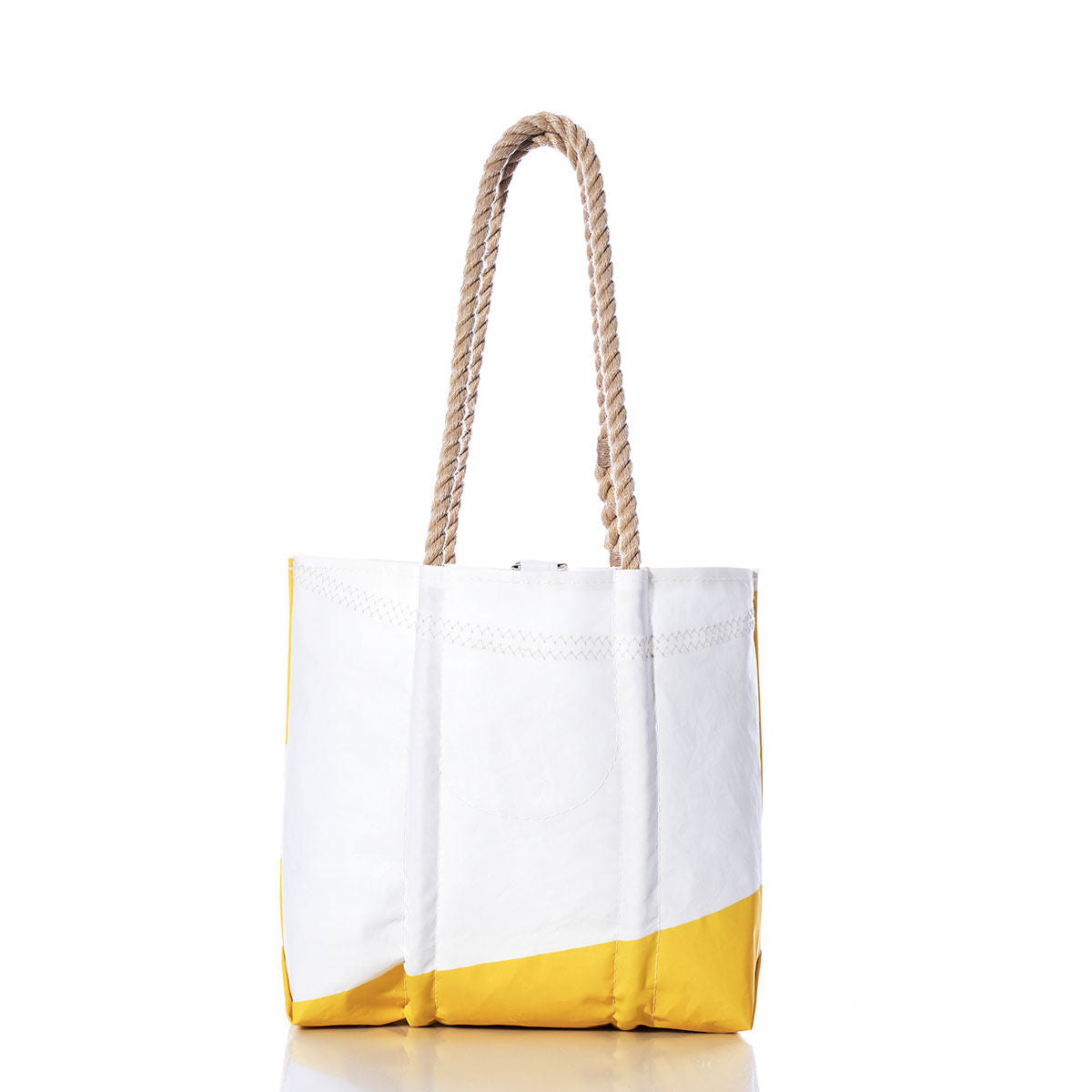 The Sea Bags Vintage Yellow and White Handbag showcases bold color blocks in yellow and white, with sturdy hemp rope handles and a simple rectangular design, displayed on a white background. by Sea Bags