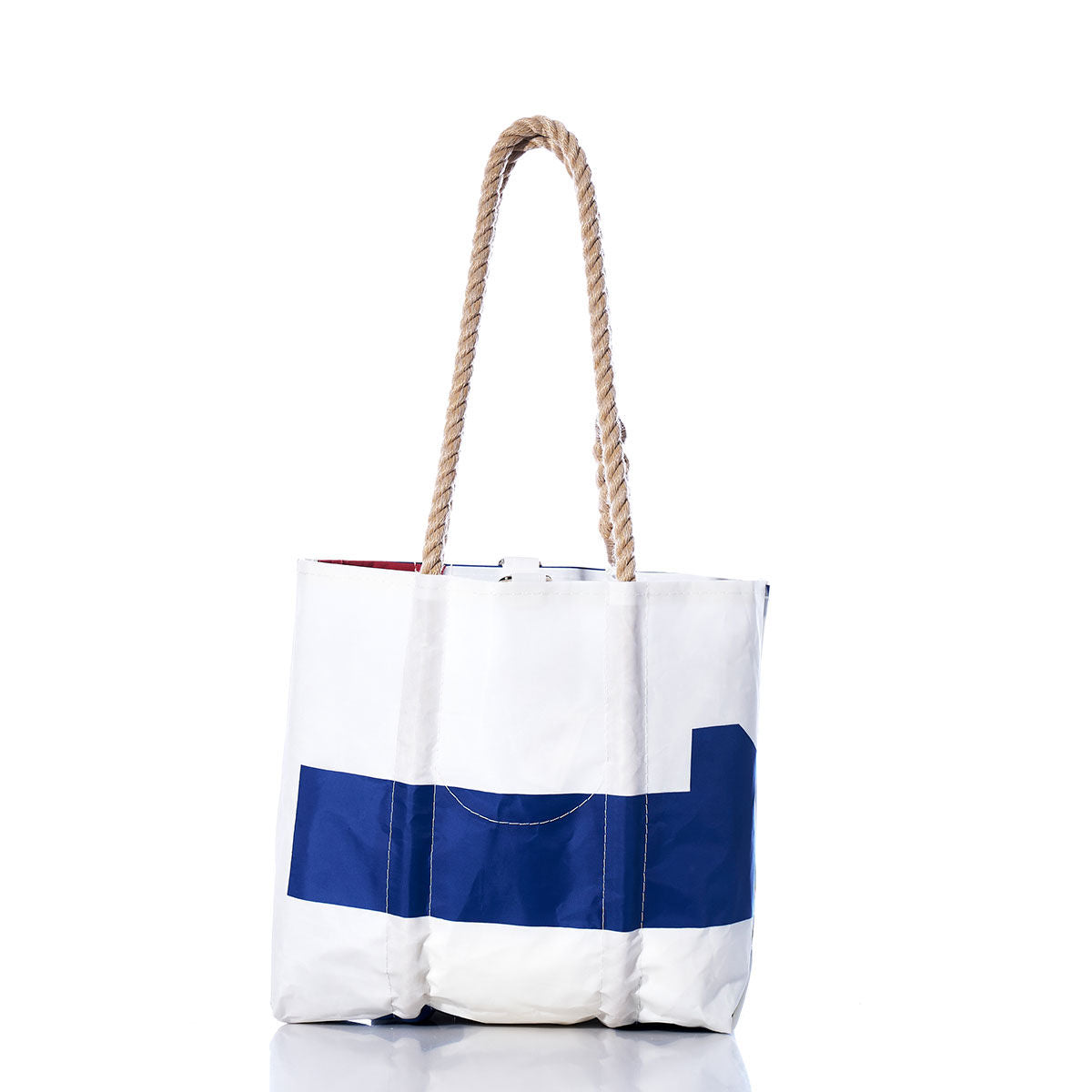Sea Bags Vintage Blue 13 Handbag features a bold blue geometric design at the bottom, two thick hemp rope handles inspired by classic sail insignias, and is photographed against a plain white background. by Sea Bags
