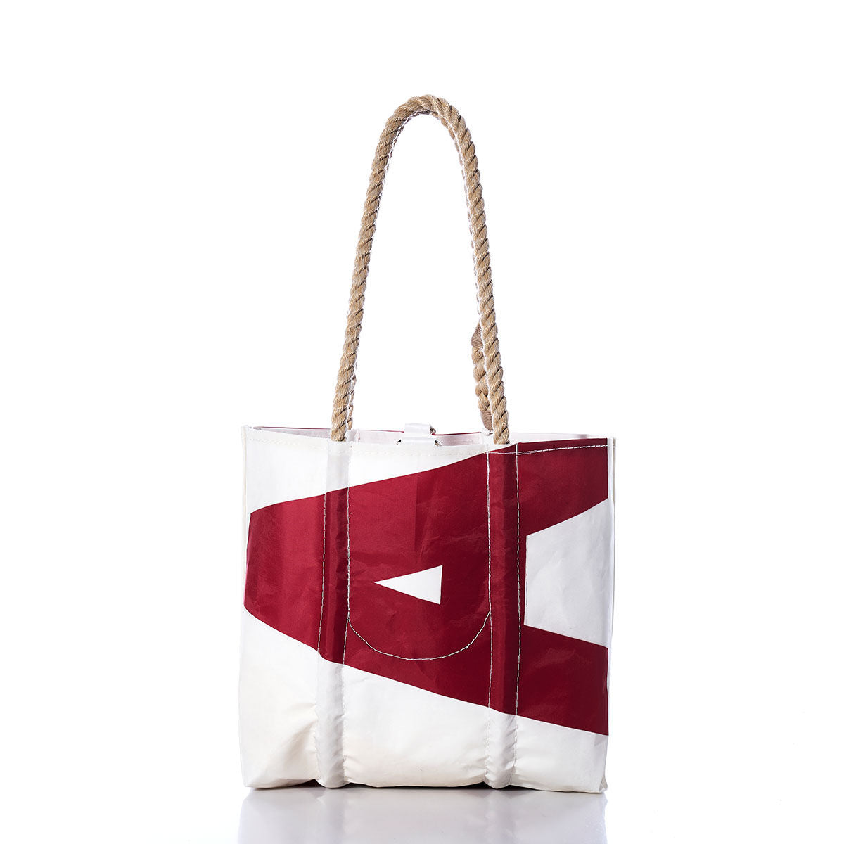 Vintage SA Handbag by Sea Bags, featuring a red geometric sail-inspired design and sturdy hemp rope handles, displayed on a white background. by Sea Bags