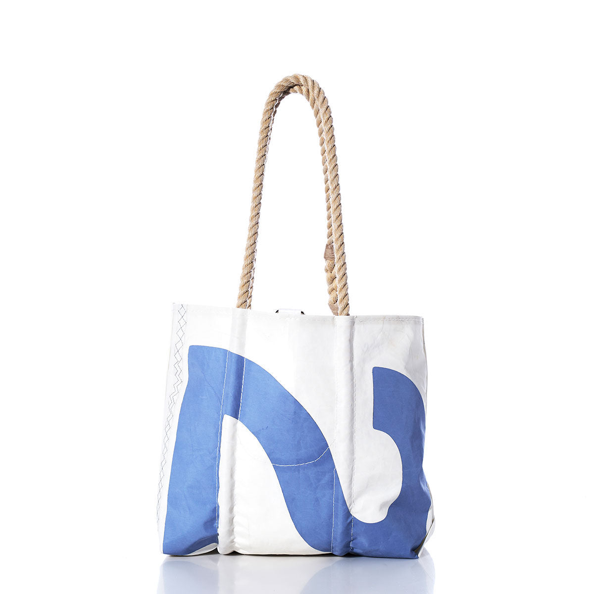 White tote bag by Sea Bags, featuring a blue abstract sail insignia design and two tan hemp rope handles, photographed on a white background — the Vintage 22 Handbag. by Sea Bags