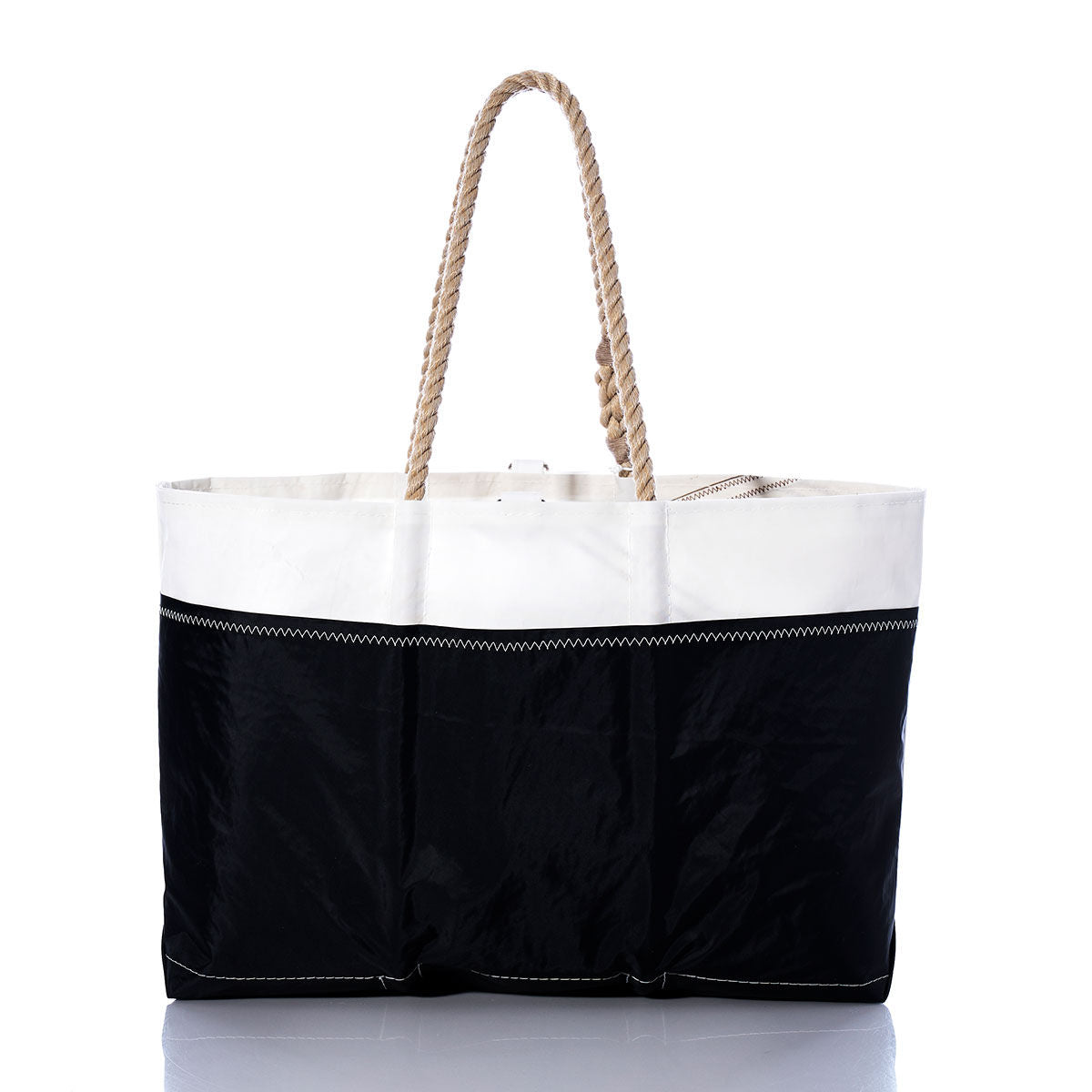 Sea Bags Vintage Green 0 Ogunquit Beach Tote made from recycled sail cloth, featuring a white top, vintage green bottom, zigzag stitching, and sturdy rope handles—all displayed against a white background. by Sea Bags