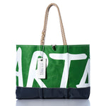 Introducing the Vintage ART Ogunquit Beach Tote by Sea Bags—this stylish beach bag is crafted from recycled sail cloth and showcases a green and black design with white lettering. It features sturdy rope handles, a prominent SEA BAGS tag, and is beautifully presented against a crisp white background. by Sea Bags