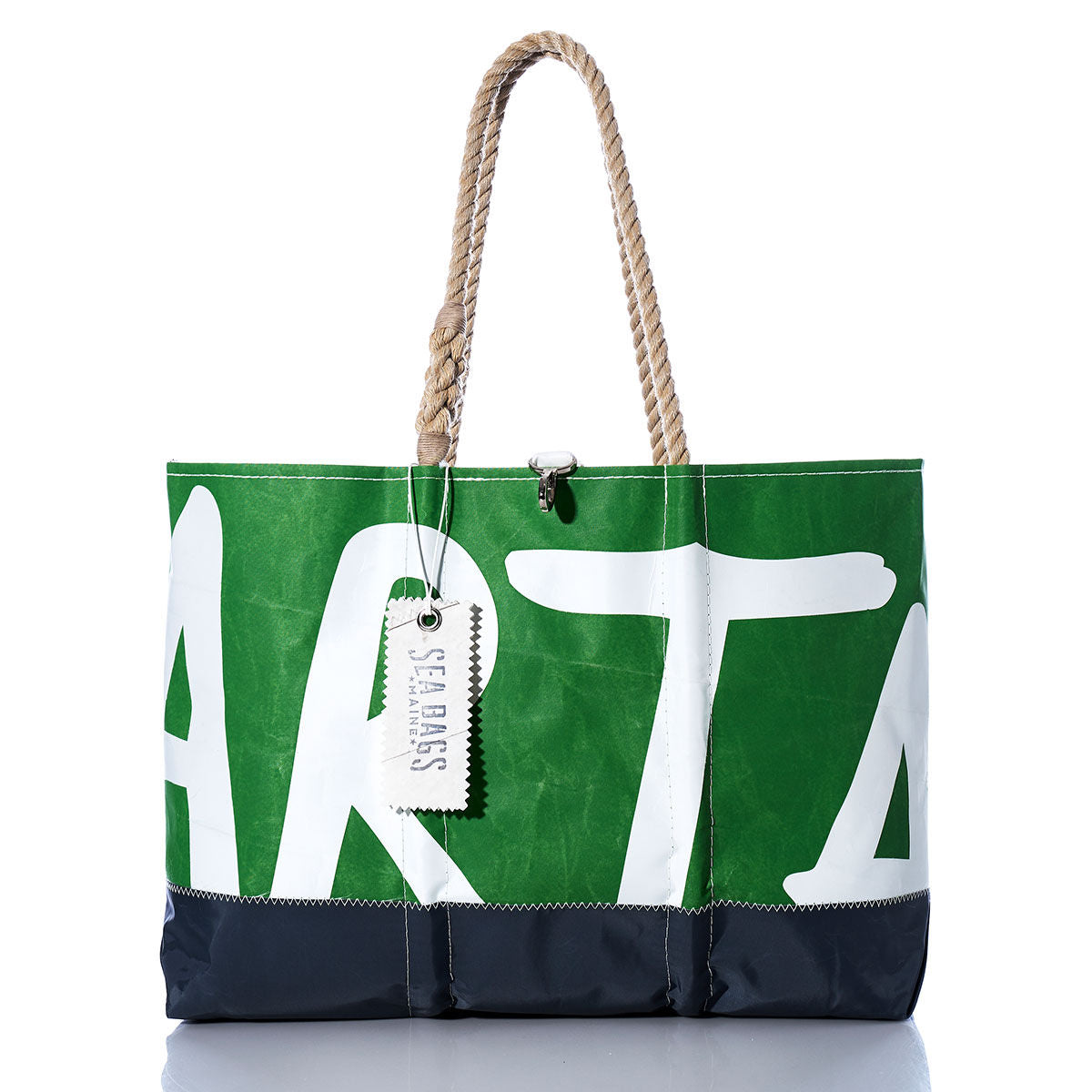 Introducing the Vintage ART Ogunquit Beach Tote by Sea Bags—this stylish beach bag is crafted from recycled sail cloth and showcases a green and black design with white lettering. It features sturdy rope handles, a prominent SEA BAGS tag, and is beautifully presented against a crisp white background. by Sea Bags