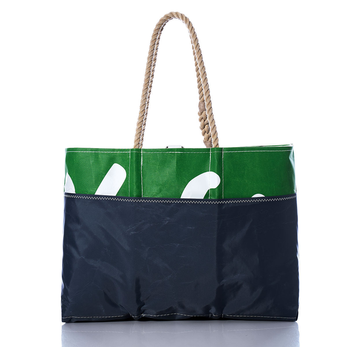 The Sea Bags Vintage ART Ogunquit Beach Tote features a two-tone green and black body with partial white text, rope handles, and visible stitching. Crafted from recycled sail cloth, it is photographed on a white background. by Sea Bags