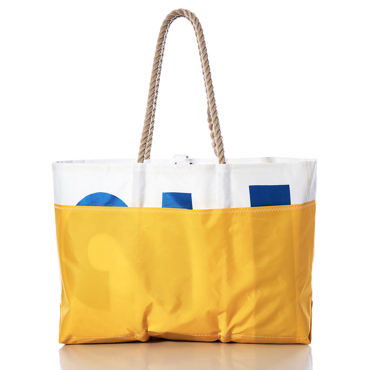 Sea Bags Vintage Etchells 22 Ogunquit Beach Tote—a large recycled sail cloth tote bag featuring a yellow lower section, a white upper band with blue lettering, and sturdy rope handles. Inspired by classic vintage sail bag designs and photographed on a white background. by Sea Bags