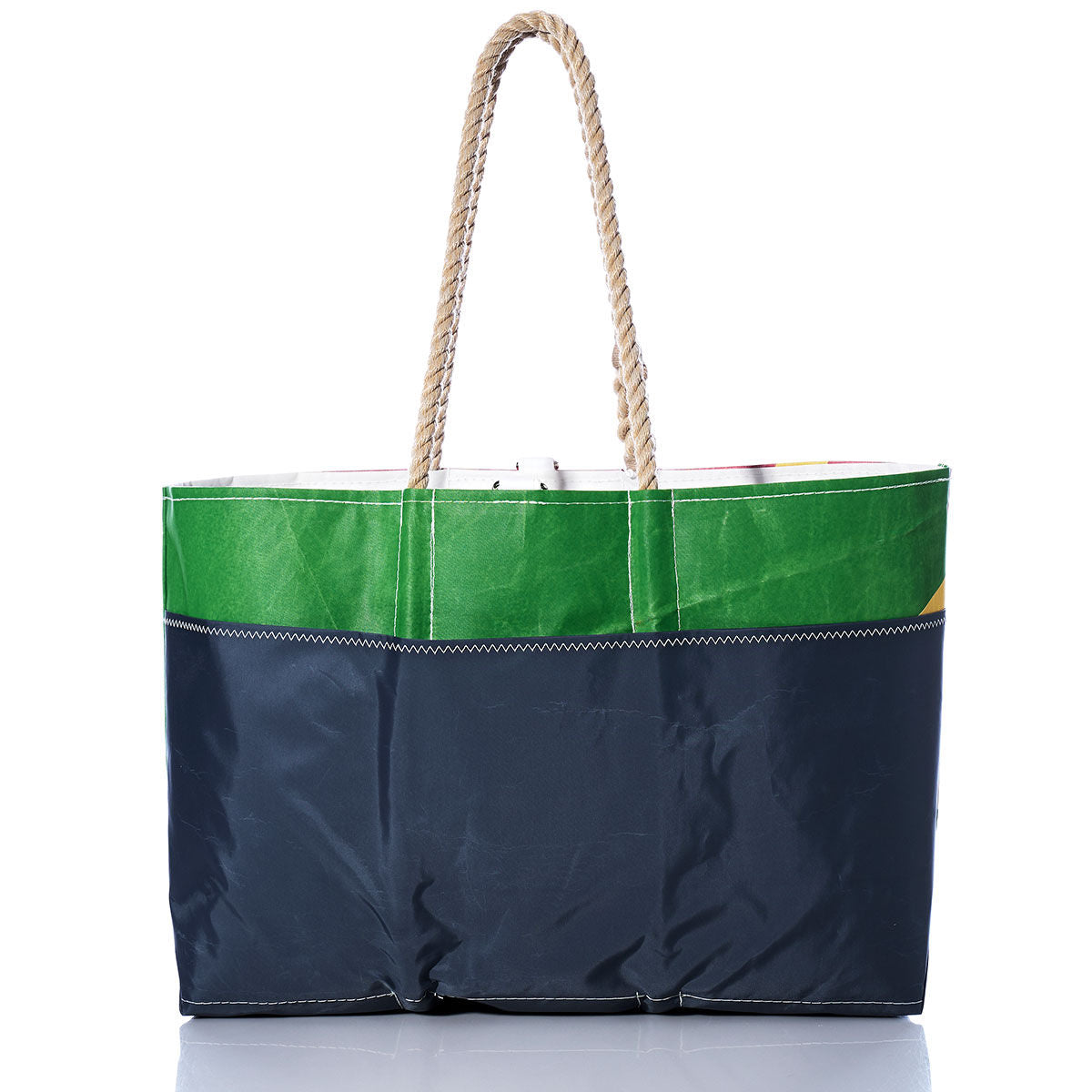 The Sea Bags Vintage Multicolor Ogunquit Beach Tote, crafted from recycled sail cloth with green and navy panels, sturdy rope handles, and visible stitching, is displayed against a white background. by Sea Bags
