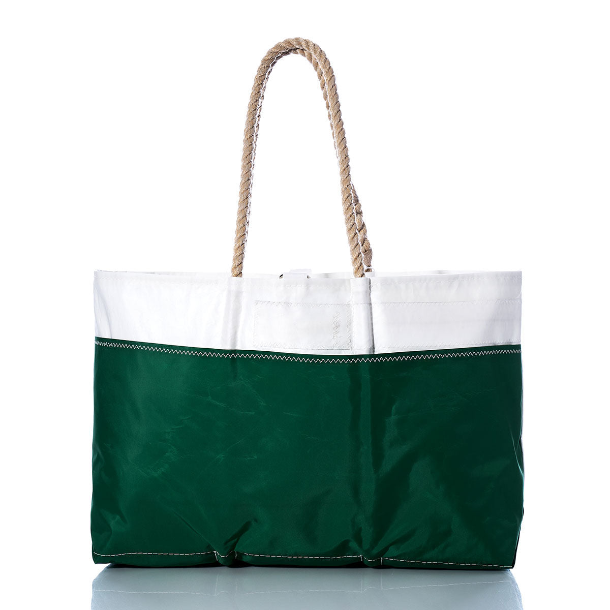 The Sea Bags Vintage O-Day Ogunquit Beach Tote is a spacious bag made from recycled sail cloth, showcasing a green bottom, white top section, decorative stitching, and twisted rope handles reminiscent of vintage sails. Shown here photographed on a white background. by Sea Bags