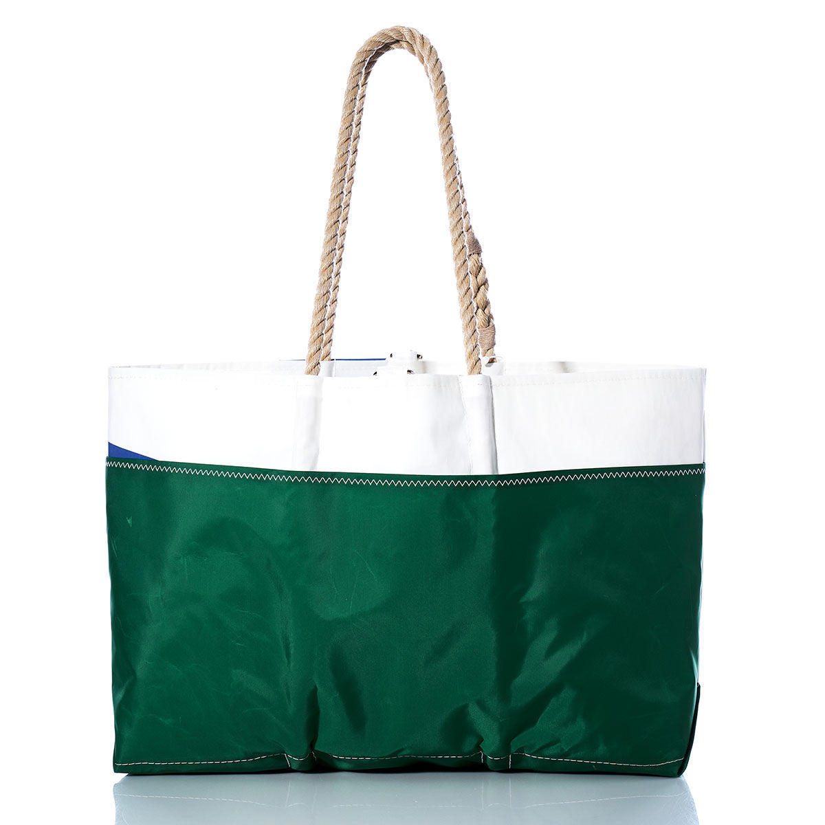 The Sea Bags Vintage J24 Ogunquit Beach Tote, crafted from recycled sail cloth in green and white with rope handles, is photographed against a white background. by Sea Bags