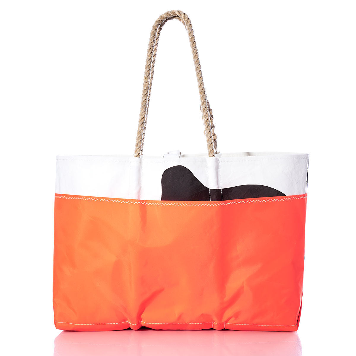 Sea Bags Vintage Crealock 34 Ogunquit Beach Tote featuring a bold orange lower half, a white upper section made from recycled sail cloth, a striking black abstract design, and sturdy rope handles, shown on a white background. by Sea Bags