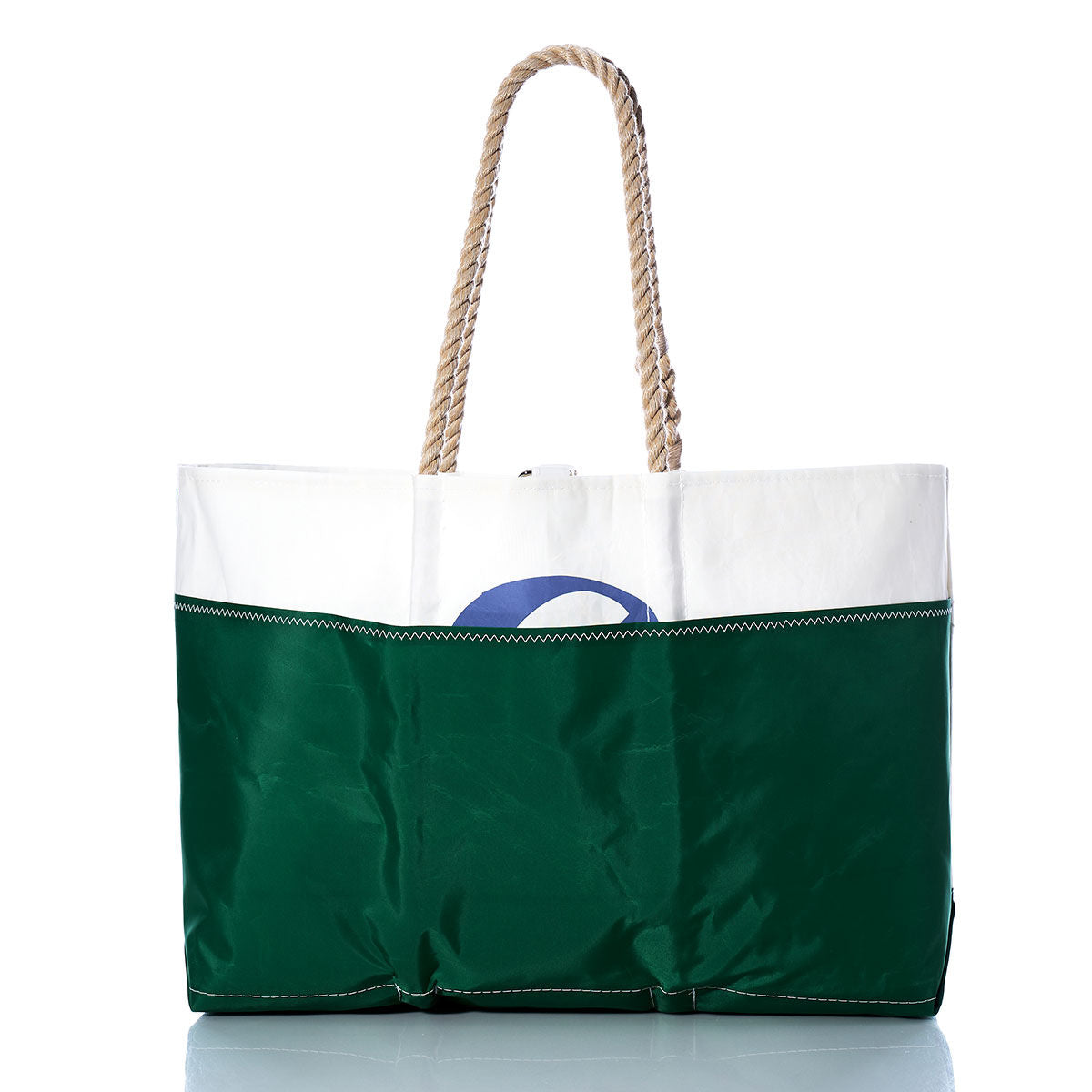 Sea Bags Vintage J105 Ogunquit Beach Tote features green and white panels crafted from recycled sail cloth, sturdy rope handles, and a partially visible blue letter on the upper section—a charming beach tote with nautical vintage appeal. by Sea Bags