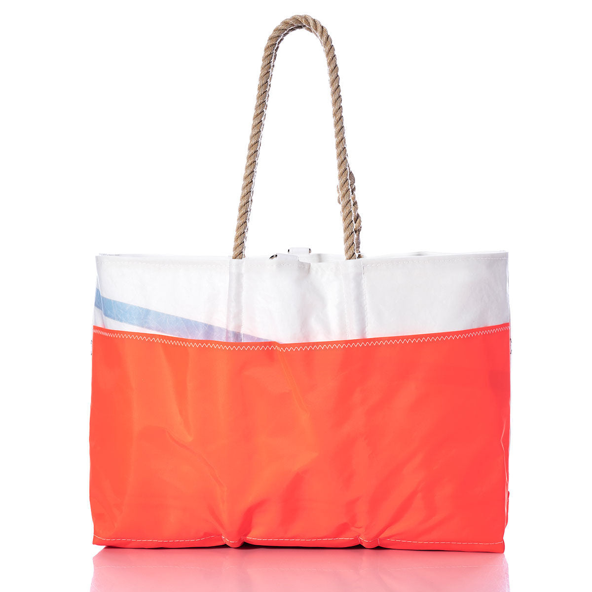 Introducing the Vintage Blue IP Ogunquit Beach Tote by Sea Bags—a spacious and stylish beach bag crafted from recycled sail cloth, showcasing a crisp white top, a vibrant orange base, and a striking blue accent stripe. Finished with classic nautical rope handles and photographed against a clean white background, this tote beautifully combines eco-conscious design with coastal charm. by Sea Bags