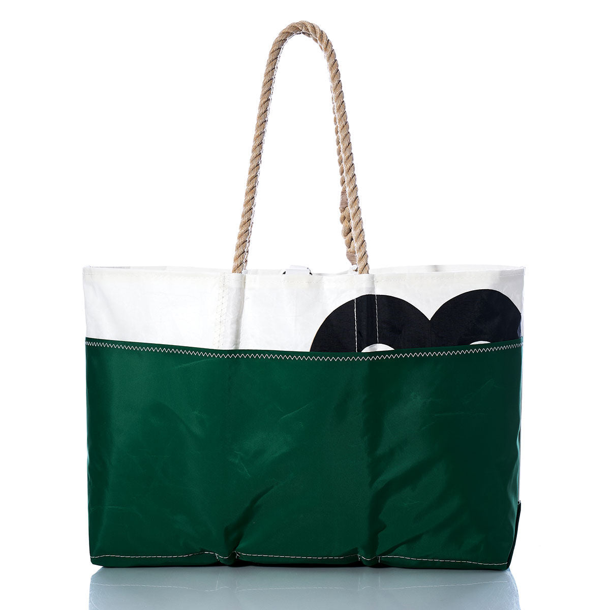 The Sea Bags Vintage US-8 Ogunquit Beach Tote is a large green and white bag made from recycled sail cloth, featuring a rope handle and a distinctive partial black circle design on the upper section. by Sea Bags