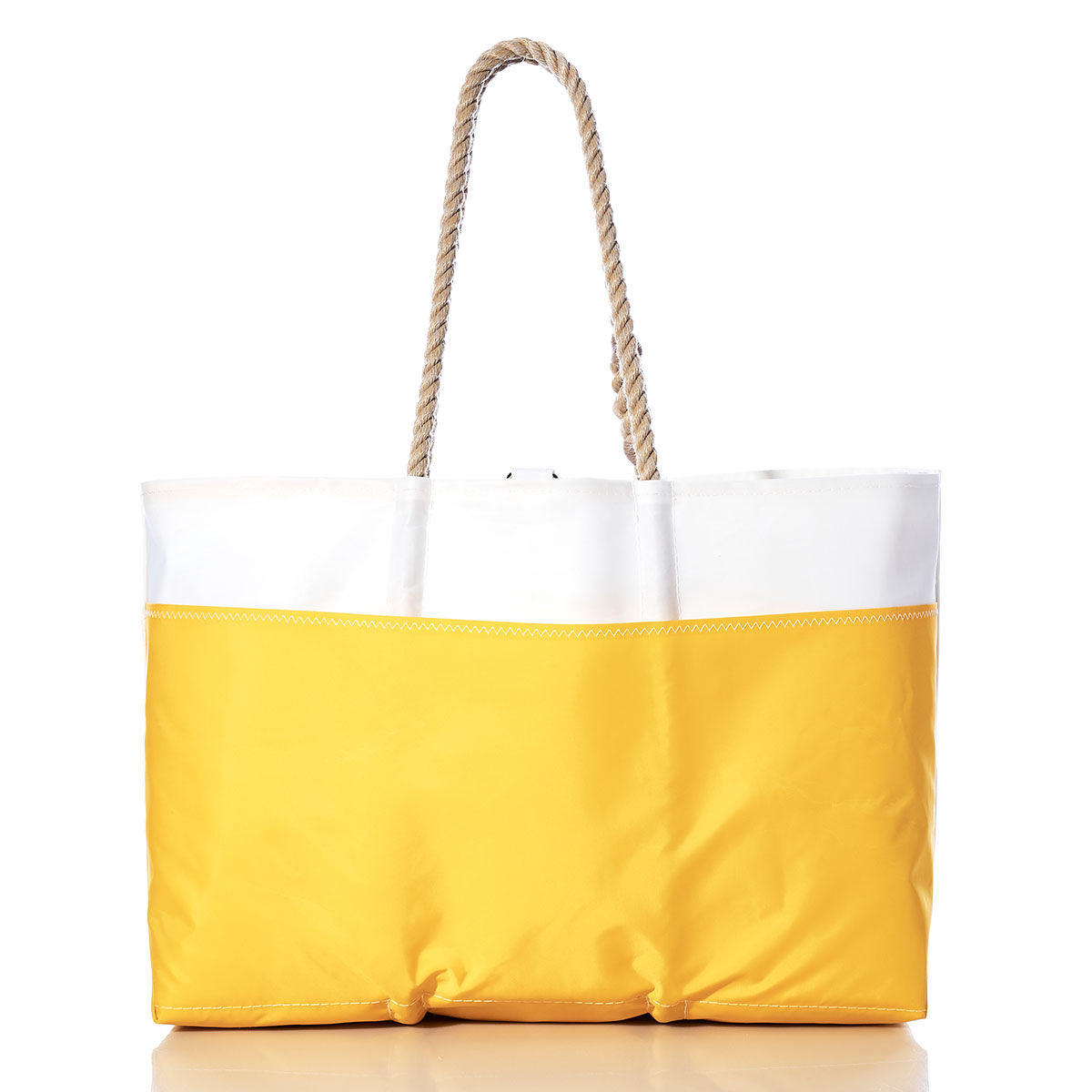 The Sea Bags Vintage Hobie Ogunquit Beach Tote, crafted from recycled sail cloth and inspired by classic Hobie designs, features a white upper section, a yellow lower section, and sturdy rope handles. It is shown against a white background. by Sea Bags
