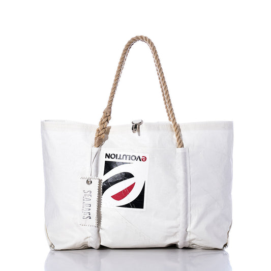Expertly handcrafted in Portland, Maine from recycled sail cloth, the Sea Bags Vintage Evolution Wharf Tote features a white design with rope handles, a front pocket, and a bold black, red, and white EVOLUTION graphic. A SEABAGS tag is attached to the handle. by Sea Bags