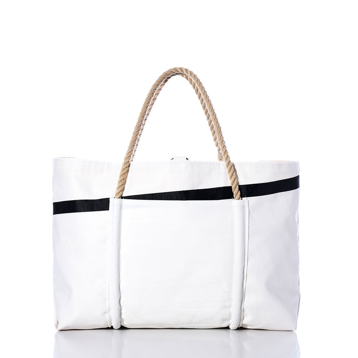 Handcrafted from recycled sail cloth, the Sea Bags Vintage Quantum Wharf Tote is a large white canvas tote bag featuring two tan rope handles and black accent stripes. Inspired by Portland, Maine, this sustainable tote is presented against a plain white background. by Sea Bags
