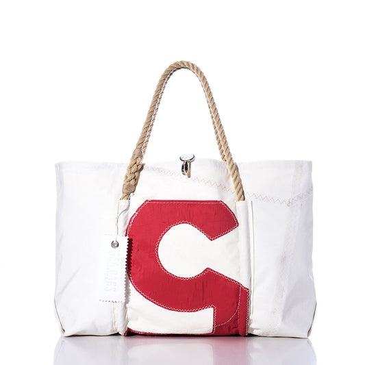 Sea Bags Vintage Red 5 Wharf Tote, handmade in Portland, Maine from recycled sail cloth, features sturdy rope handles and a bold red number 5 patch on the front. Photographed against a white background. by Sea Bags