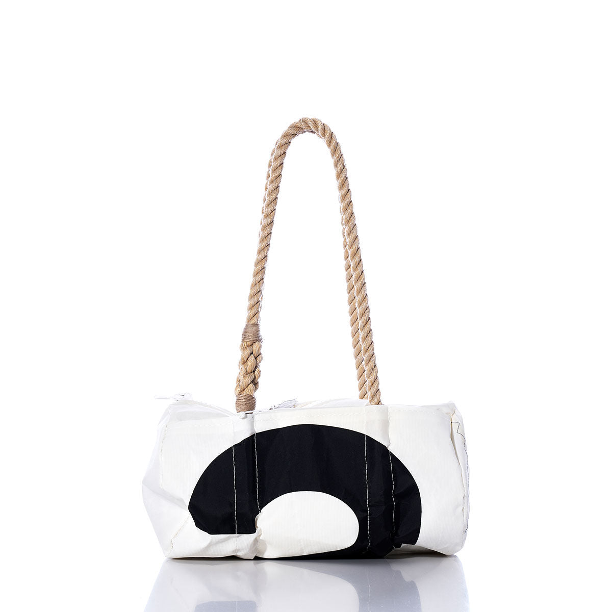 The Vintage Black 2 Baguette Bag by Sea Bags is a white rectangular shoulder bag featuring a thick, hand-spliced hemp rope handle and an eye-catching black semi-circle design on the side reminiscent of sail insignias, shown against a white background. by Sea Bags