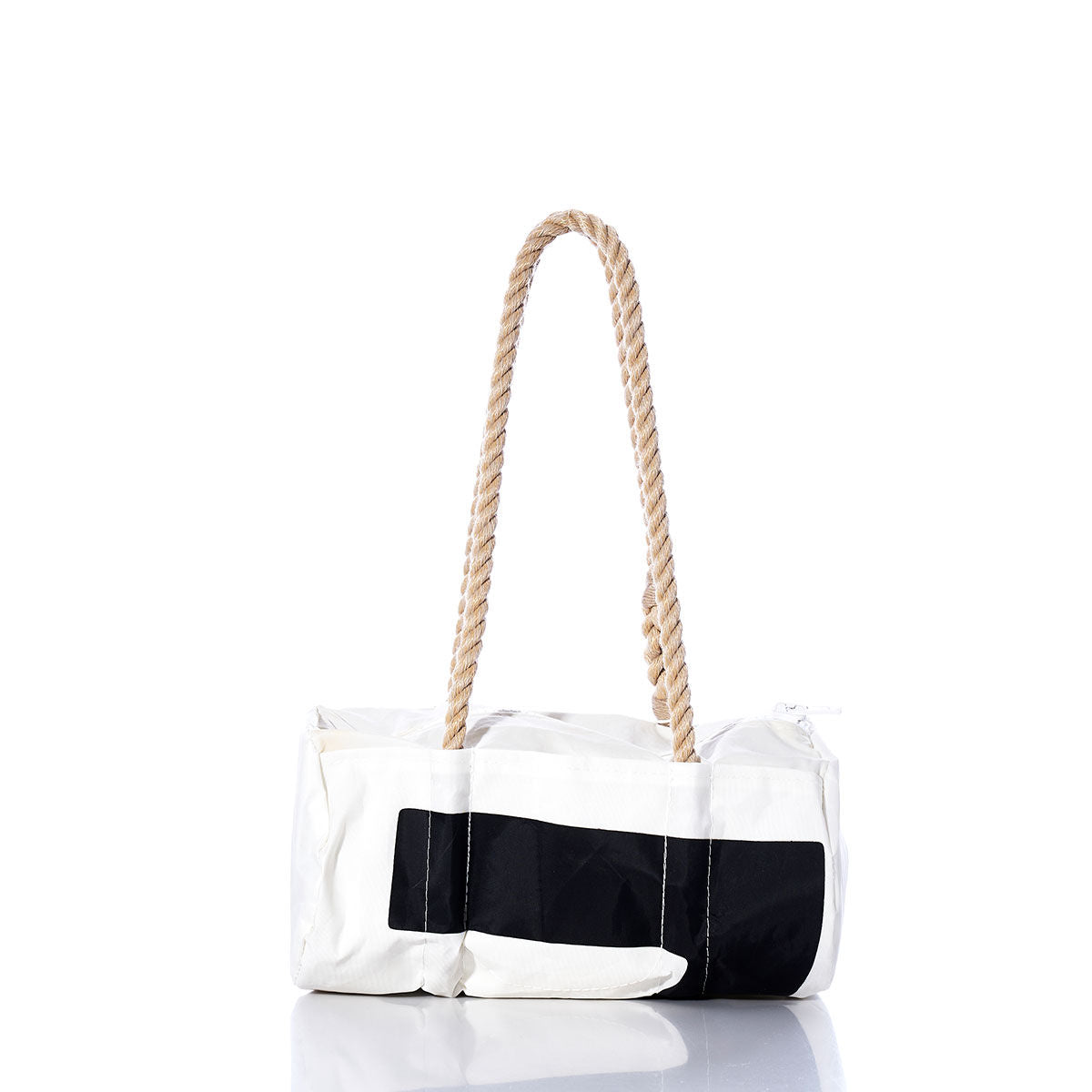 Vintage Black 2 Baguette Bag by Sea Bags—a rectangular white fabric tote with hand-spliced hemp rope handles and a black rectangular patch on the front, displayed on a white background. by Sea Bags