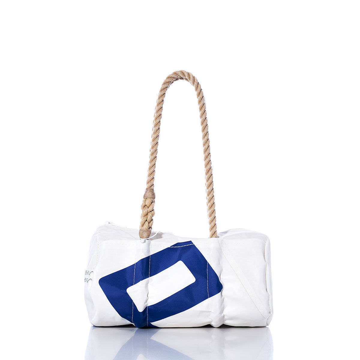The Sea Bags Vintage 420 Baguette Bag features a white duffel design with a blue geometric pattern, sturdy twisted hemp rope handles, subtle sail insignias, and styling reminiscent of classic baguette bags—all showcased against a crisp white background. by Sea Bags