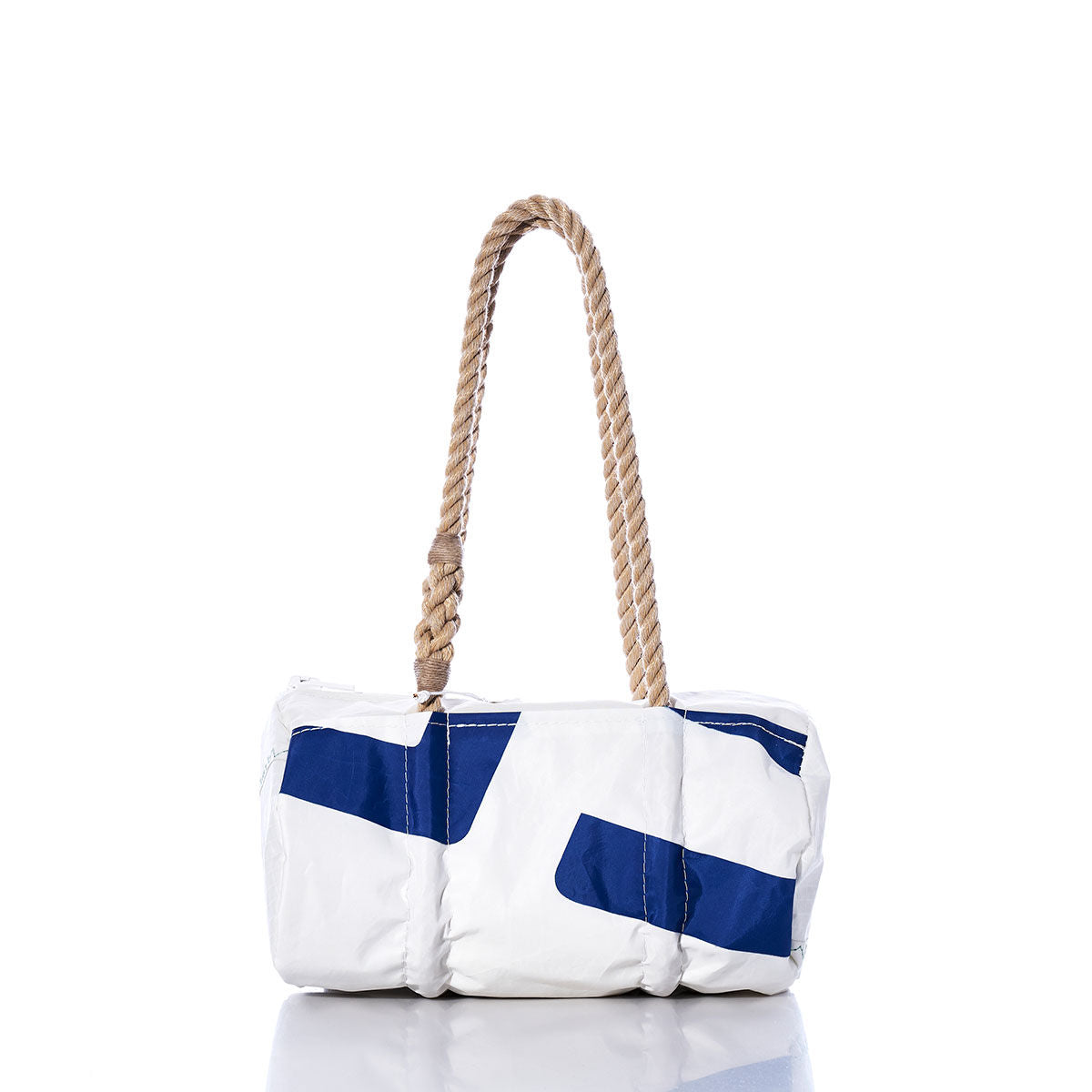 Sea Bags Vintage Blue and White Baguette Bag featuring a thick, hand-spliced hemp rope handle is photographed against a white background. by Sea Bags