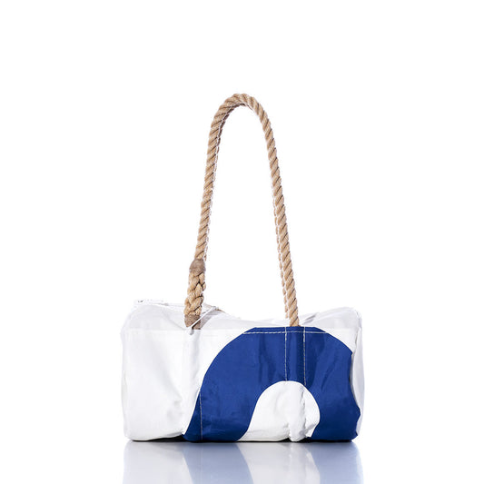 The Sea Bags Vintage Blue 0 Baguette Bag features a white and blue rectangular design with a prominent blue semicircle, distinctive sail insignias, sturdy hemp rope handles, and visible stitching, all showcased against a white background. by Sea Bags