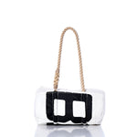 Sea Bags Vintage BR Baguette Bag featuring a black geometric design on the front of a white bag and a single thick hemp rope handle, displayed against a white background. by Sea Bags