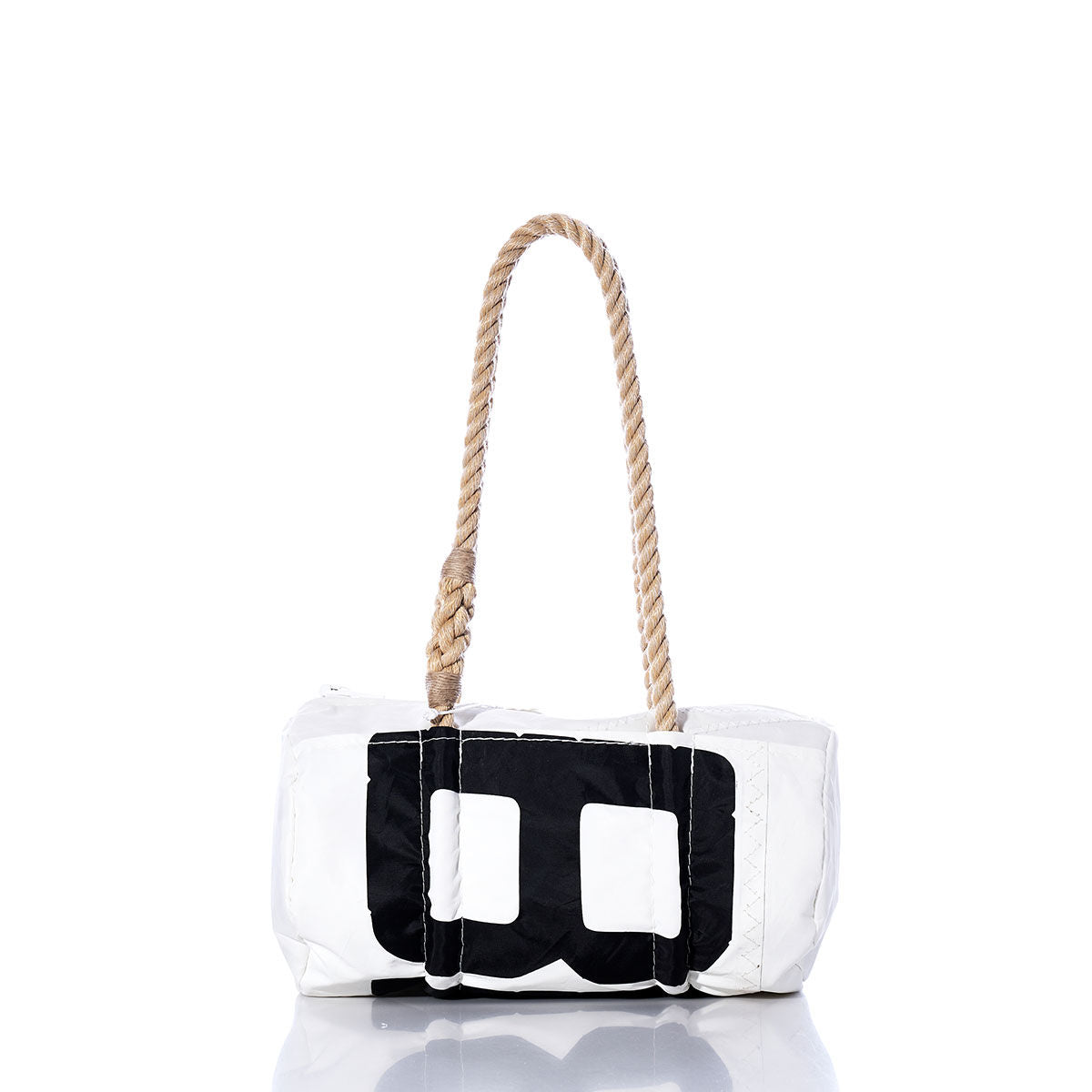Sea Bags Vintage BR Baguette Bag featuring a black geometric design on the front of a white bag and a single thick hemp rope handle, displayed against a white background. by Sea Bags