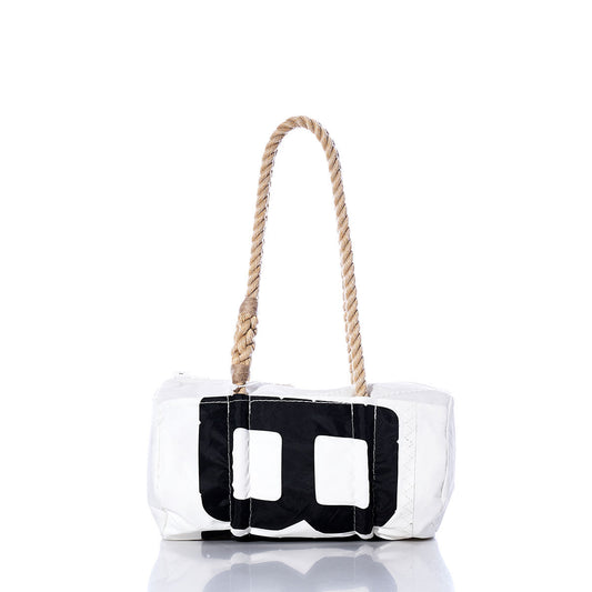 Sea Bags Vintage BR Baguette Bag featuring a black geometric design on the front of a white bag and a single thick hemp rope handle, displayed against a white background. by Sea Bags