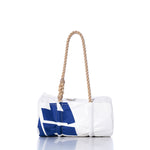 The Vintage Ideal 18 Baguette Bag by Sea Bags is a white and blue cylindrical hand-spliced rope handbag featuring a sturdy rope handle, shown against a white background. by Sea Bags