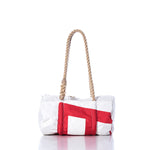 Sea Bags Vintage Red 9 Baguette Bag, featuring a bold geometric pattern in white and red and thick, hand-spliced hemp rope handles, displayed on a white background. by Sea Bags