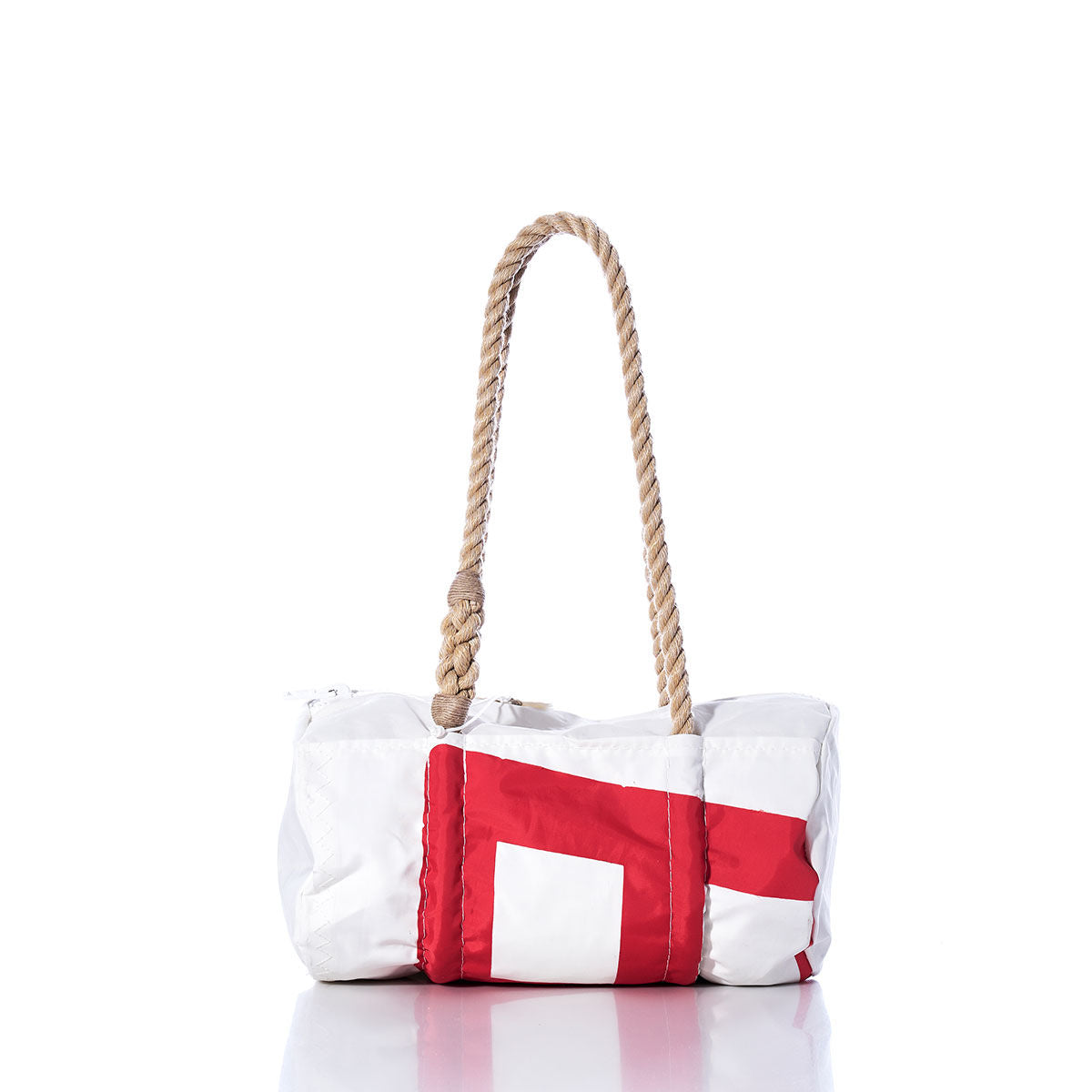 Sea Bags Vintage Red 9 Baguette Bag, featuring a bold geometric pattern in white and red and thick, hand-spliced hemp rope handles, displayed on a white background. by Sea Bags
