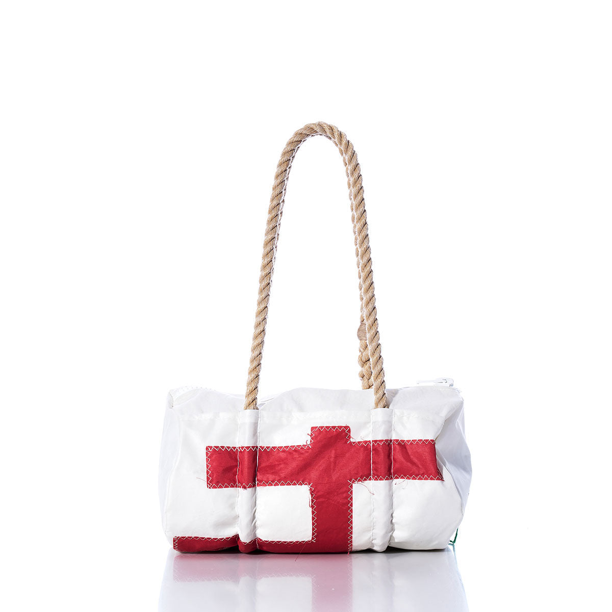 Sea Bags Vintage Red 24 Baguette Bag features a bold red geometric design on white canvas, complemented by thick, hand-spliced hemp rope handles inspired by vintage baguette bag details, displayed against a white background. by Sea Bags