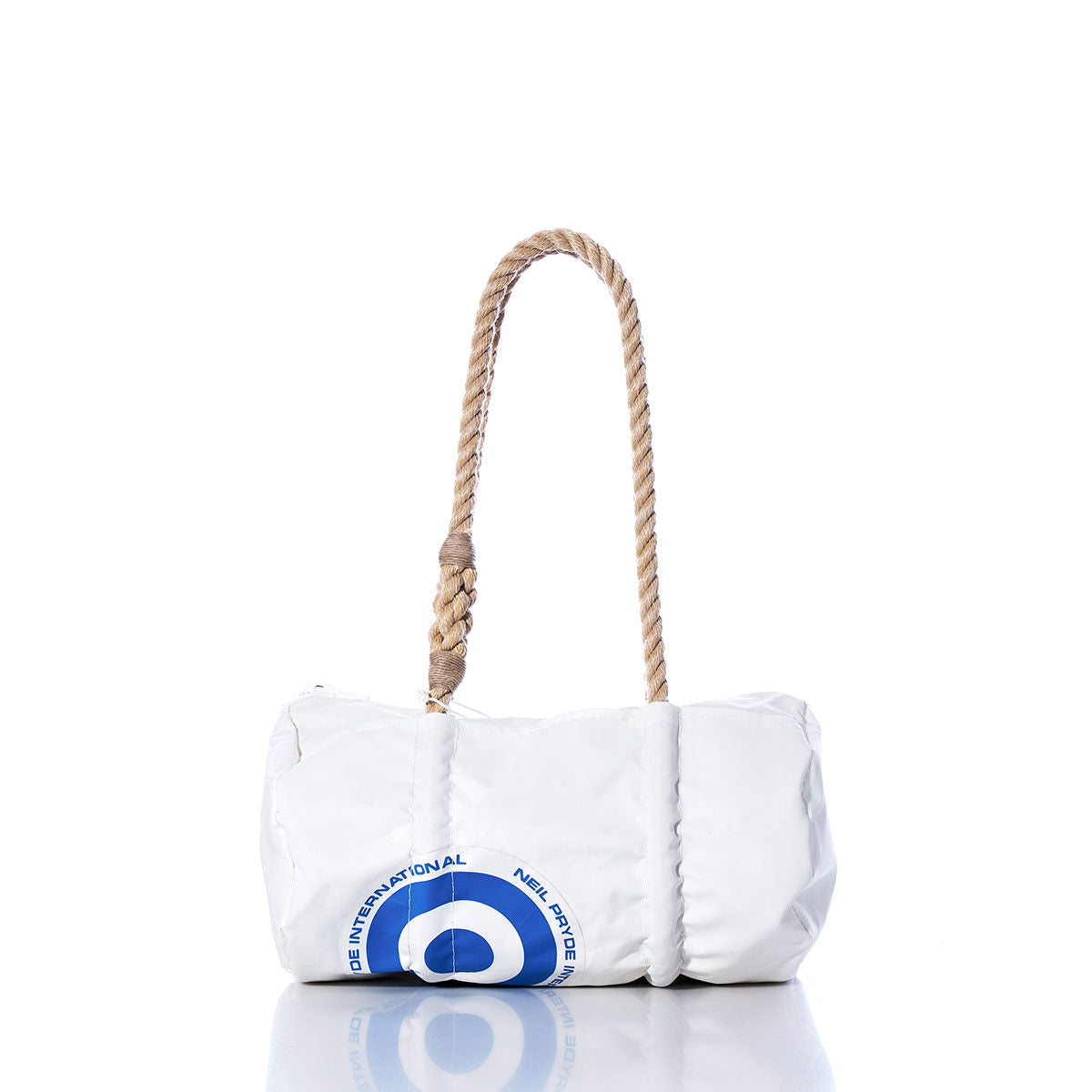 The Sea Bags Vintage Neil Pryde Baguette Bag features a white exterior adorned with a blue circular design reminiscent of a sail insignia at the bottom left and is finished with a thick, twisted rope handle. Displayed against a white background, this bag channels the timeless charm of sailing heritage. by Sea Bags