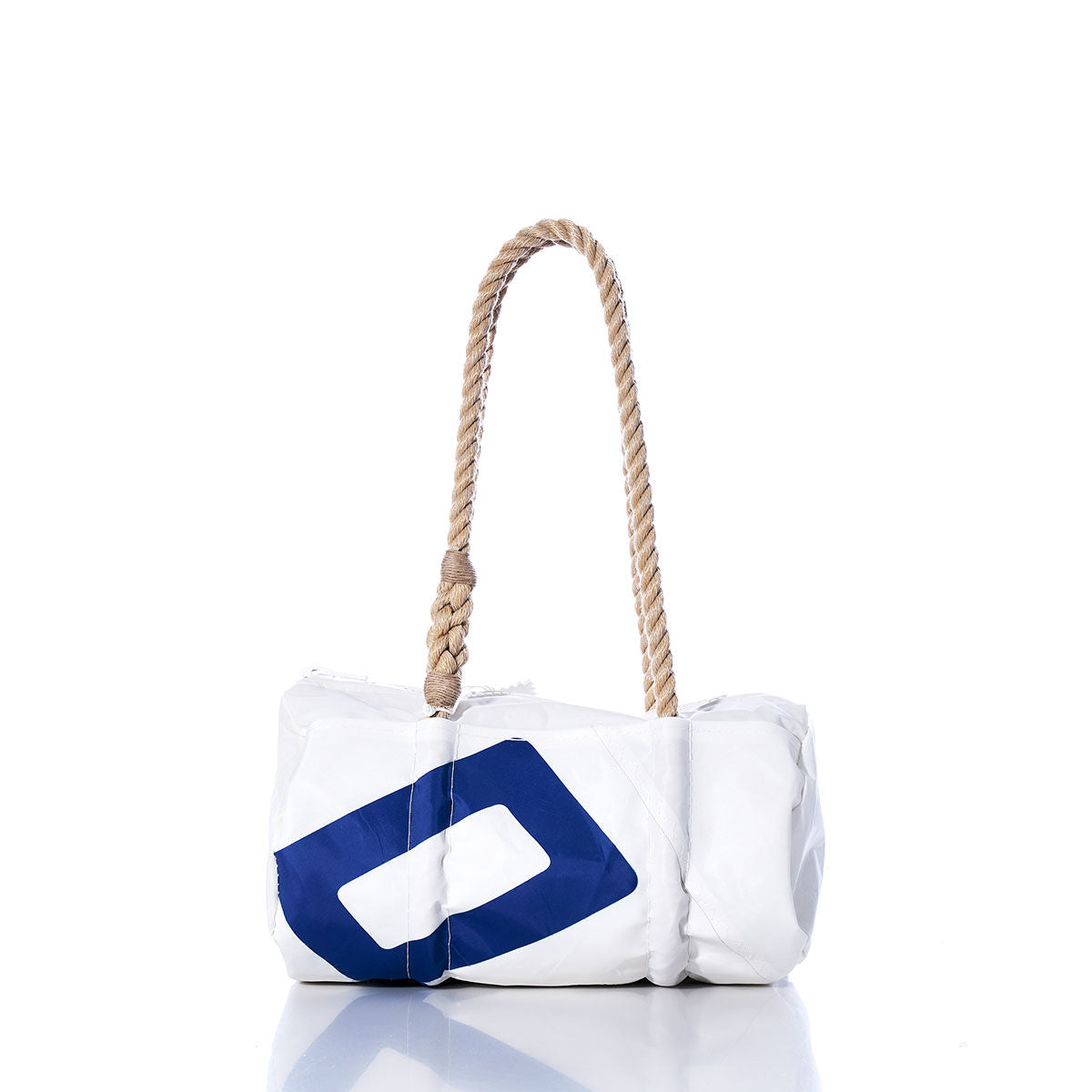The Sea Bags Vintage 420 Baguette Bag, crafted from white and blue vintage sails with hand-spliced hemp rope handles, is shown on a white background. by Sea Bags