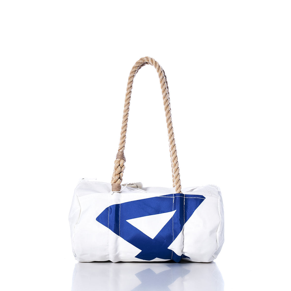 The Sea Bags Vintage 420 Baguette Bag is a white cylindrical sail insignia bag with a blue geometric design, featuring thick hand-spliced hemp rope handles, photographed on a white background. by Sea Bags
