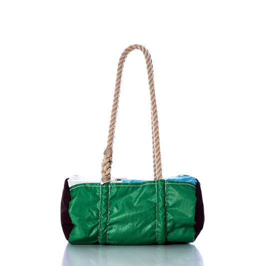 The Sea Bags Vintage Green Multicolor Baguette Bag features a cylindrical shape crafted from recycled sail material with dark ends, a hemp rope shoulder strap, and visible stitching, showcased on a white reflective surface against a white background. by Sea Bags