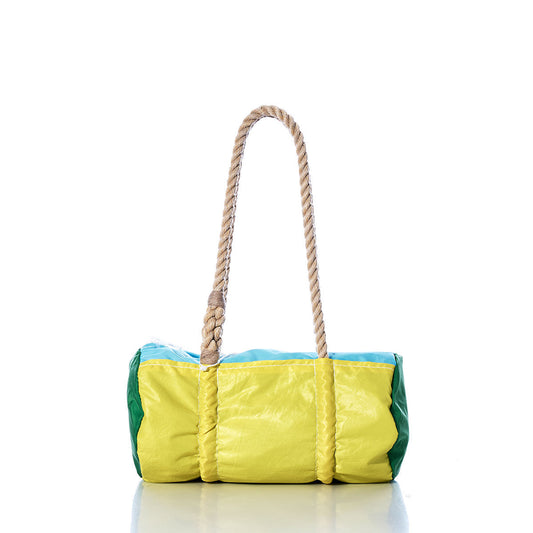 The Vintage Yellow Multicolor Baguette Bag by Sea Bags, featuring yellow, blue, and green panels with a hand-spliced hemp rope handle, is displayed on a white background. by Sea Bags