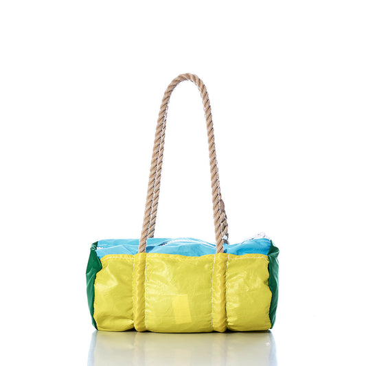 The Vintage Yellow Multicolor Baguette Bag by Sea Bags, crafted from yellow, blue, and green materials with thick hand-spliced hemp rope handles, is displayed against a white background. by Sea Bags