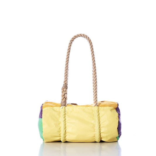 The Sea Bags Vintage Yellow Baguette Bag is a rectangular handbag made from recycled sails, featuring yellow with purple and green side panels and a thick, hand-spliced hemp rope handle, displayed on a white background. by Sea Bags