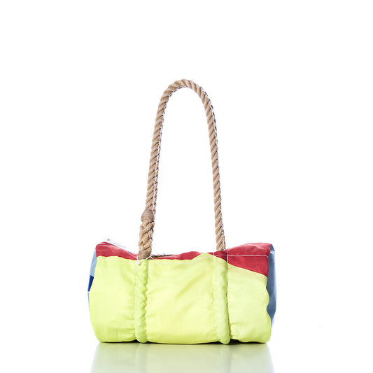 The Sea Bags Vintage Neon Multicolor Baguette Bag features a rectangular shape with a vibrant patchwork design—yellow front, red top, blue accents, and a sturdy twisted rope handle—displayed against a white background. by Sea Bags