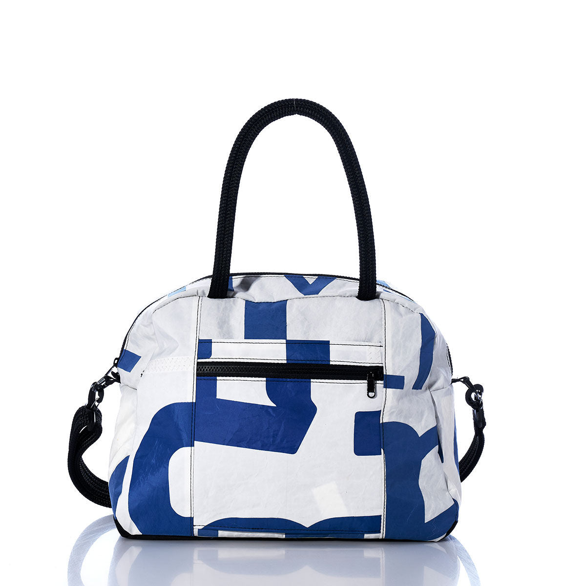 Introducing the Vintage Blue Numbers Essential Weekender Travel Bag by Sea Bags—this white carryon features an abstract blue numbers print, sturdy black handles, a detachable shoulder strap, zippered front pocket, and a convenient trolley sleeve. Perfect for travel, it’s pictured here on a reflective white surface. by Sea Bags