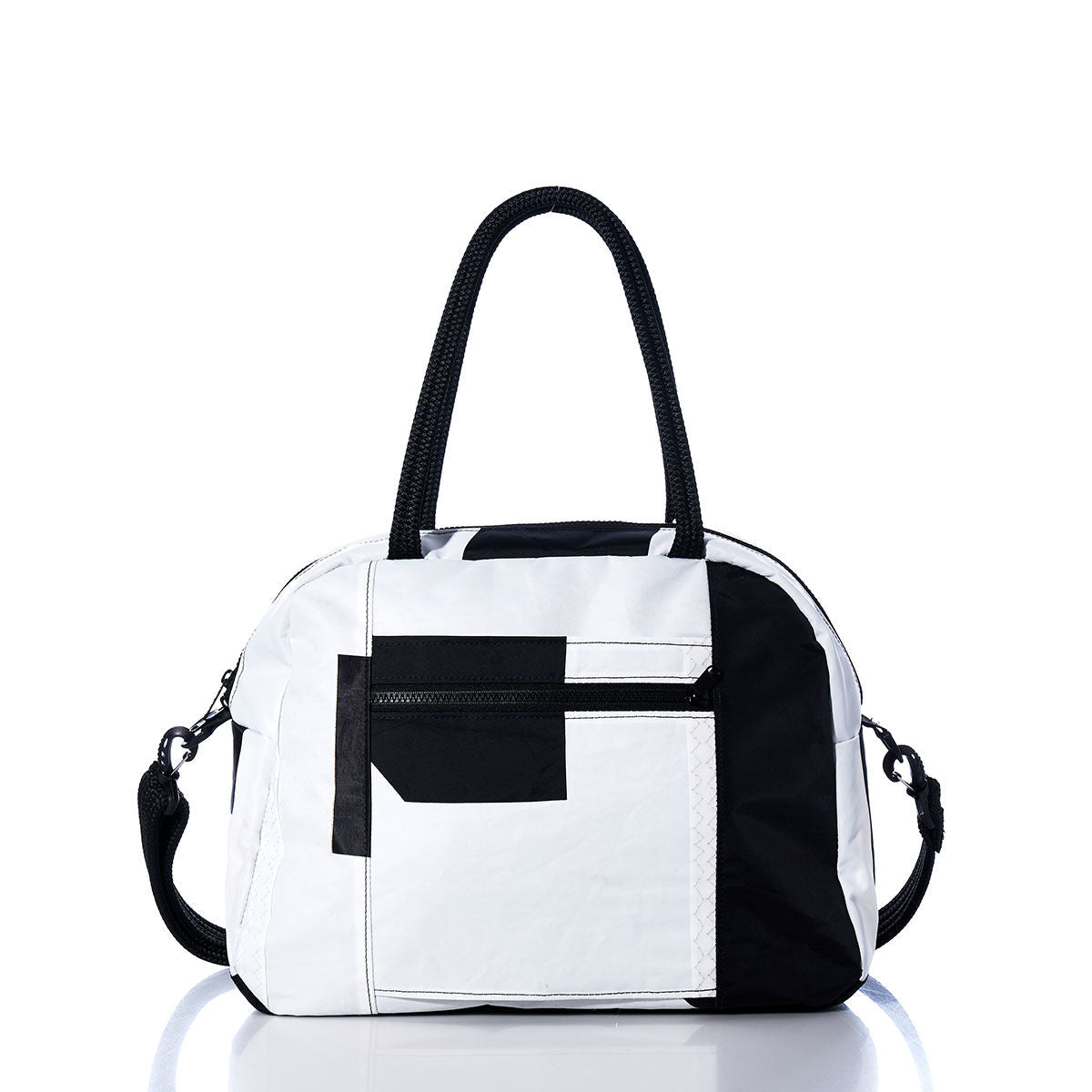 The Sea Bags Vintage Black 7 Essential Weekender Travel Bag, featuring a classic black and white design, front zipper pocket, two sturdy handles, and a detachable shoulder strap, is photographed against a white background. by Sea Bags